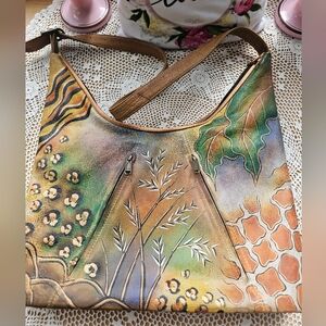 Anuschka Animal Jungle Top Zip Hobo Painted Leather  Shoulder Bag